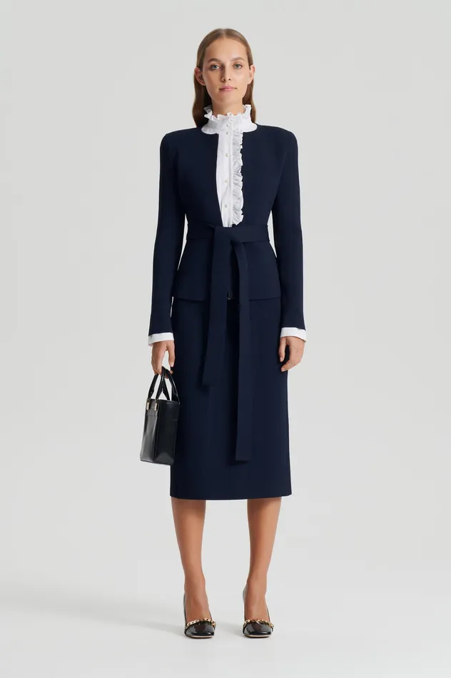 Scanlan Theodore Jackets Women CREPE KNIT CURVED HEM JACKET NAVY Scanlan Theodore Jackets Women CREPE KNIT CURVED HEM JACKET NAVY