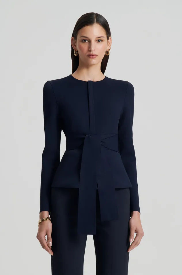 Scanlan Theodore Jackets Women CREPE KNIT CURVED HEM JACKET NAVY Scanlan Theodore Jackets Women CREPE KNIT CURVED HEM JACKET NAVY