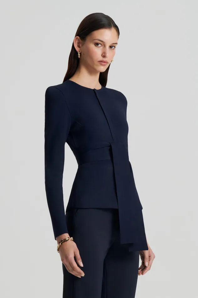 Scanlan Theodore Jackets Women CREPE KNIT CURVED HEM JACKET NAVY Scanlan Theodore Jackets Women CREPE KNIT CURVED HEM JACKET NAVY