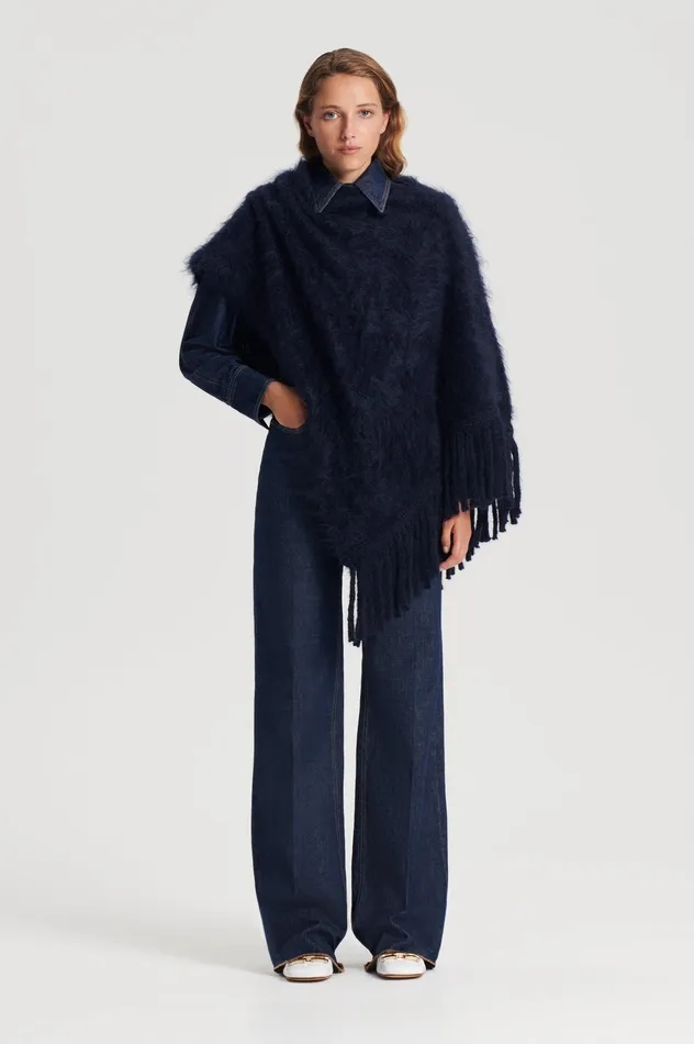 Scanlan Theodore Knitwear Women BRUSHED FRINGED CAPE NAVY