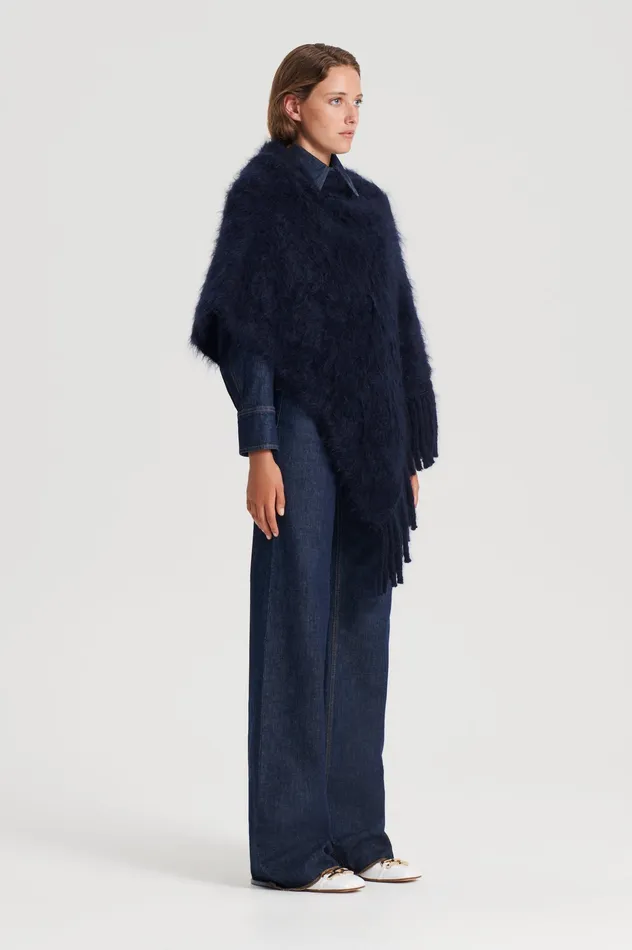 Scanlan Theodore Knitwear Women BRUSHED FRINGED CAPE NAVY Scanlan Theodore Knitwear Women BRUSHED FRINGED CAPE NAVY