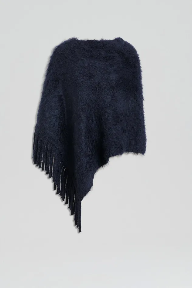 Scanlan Theodore Knitwear Women BRUSHED FRINGED CAPE NAVY Scanlan Theodore Knitwear Women BRUSHED FRINGED CAPE NAVY