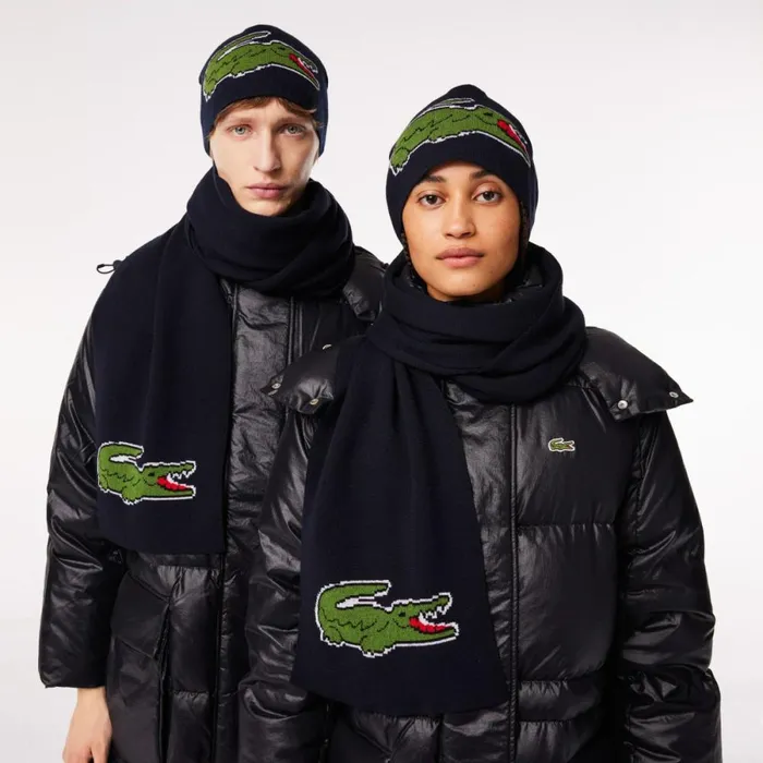 Scarves and Gloves MenWomen Lacoste Unisex Large Croc Hat And Scarf Gift Set Abysm Blue Hde
