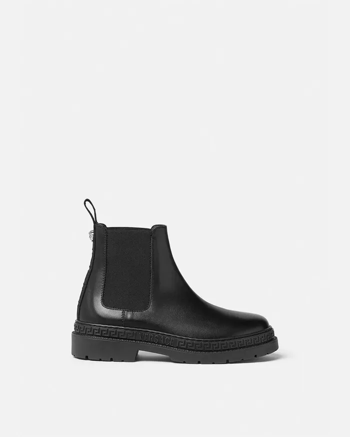 Shoes Kids Versace Greca Leather Ankle Boots Blacksilver