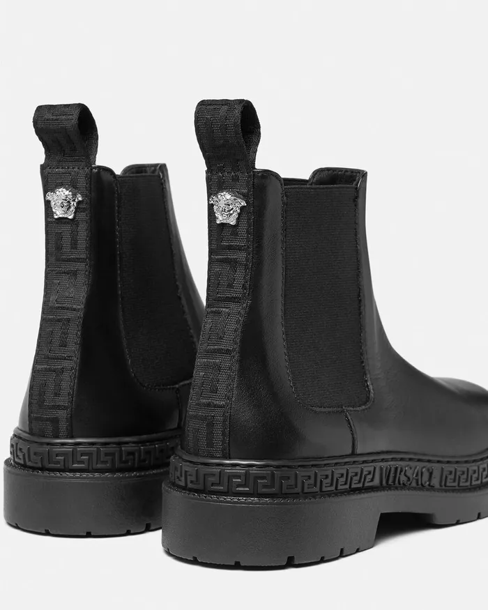 Shoes Kids Versace Greca Leather Ankle Boots Blacksilver
