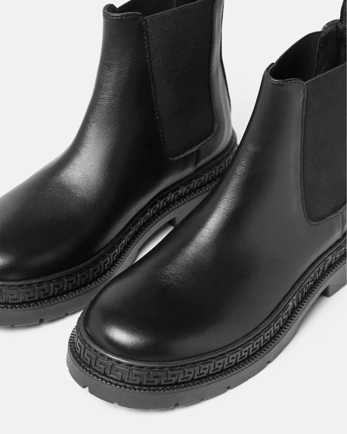 Shoes Kids Versace Greca Leather Ankle Boots Blacksilver