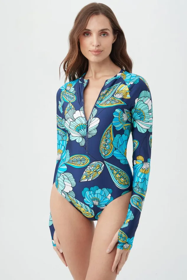 SHOP Trina Turk ONE PIECE SWIMWEAR WOMEN039S PIROUETTE LONG SLEEVE ZIP UP ONE PIECE PADDLE SUIT