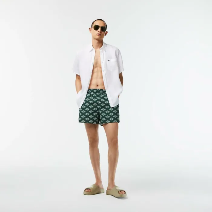 Shorts and Swim Men Lacoste Mens TwoTone Monogram Swim Trunks Green White Yrr