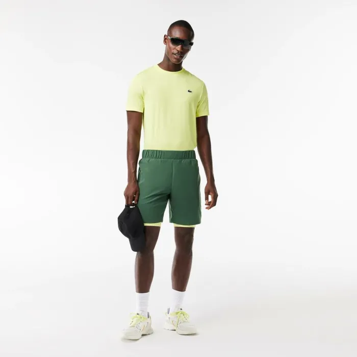 Shorts and Swim Men Lacoste Mens TwoTone SPORT Lined Shorts Dark Green Flashy Yellow Ril