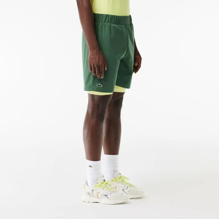 Shorts and Swim Men Lacoste Mens TwoTone SPORT Lined Shorts Dark Green Flashy Yellow Ril