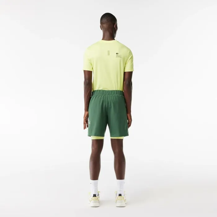 Shorts and Swim Men Lacoste Mens TwoTone SPORT Lined Shorts Dark Green Flashy Yellow Ril