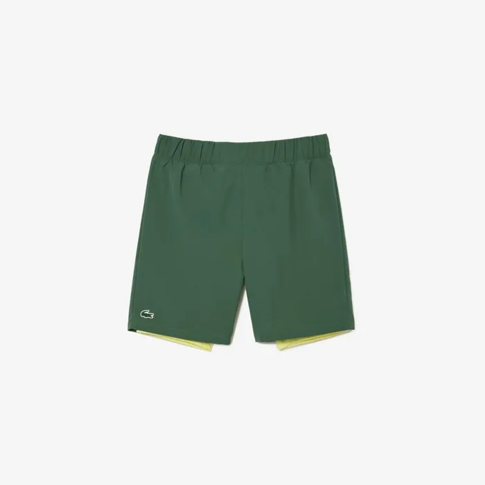 Shorts and Swim Men Lacoste Mens TwoTone SPORT Lined Shorts Dark Green Flashy Yellow Ril