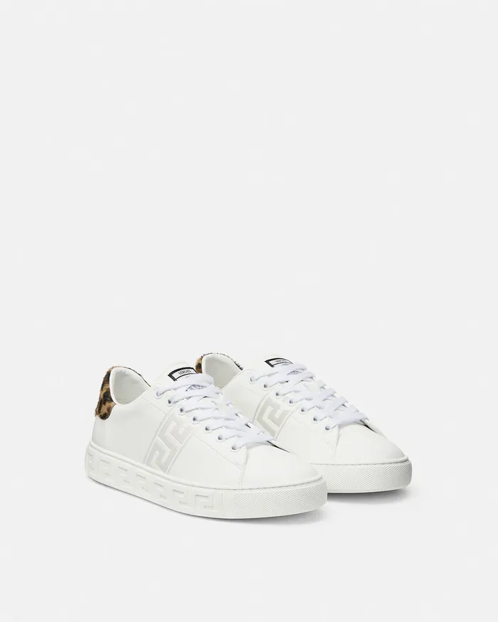 Sneakers Women Versace Leopard Embroidered Greca Sneakers White