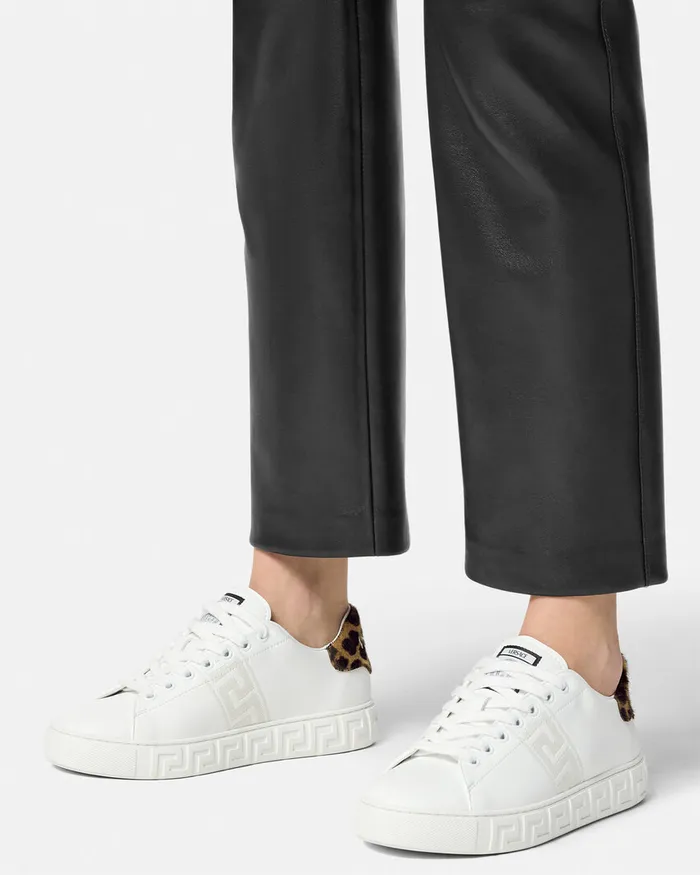 Sneakers Women Versace Leopard Embroidered Greca Sneakers White
