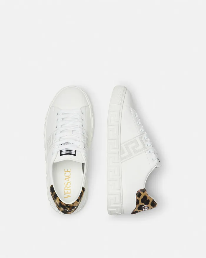 Sneakers Women Versace Leopard Embroidered Greca Sneakers White