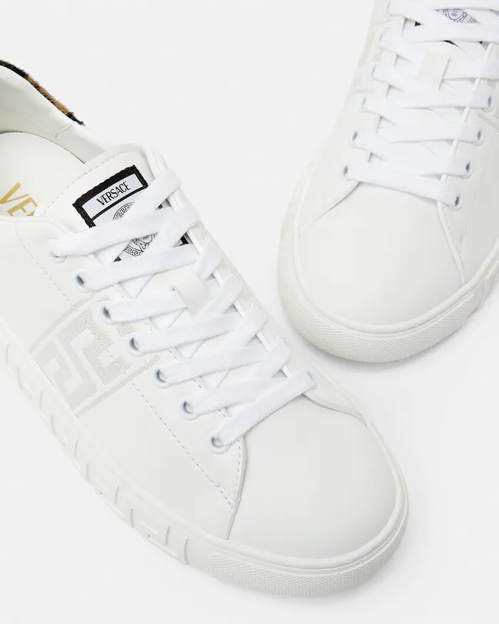 Sneakers Women Versace Leopard Embroidered Greca Sneakers White