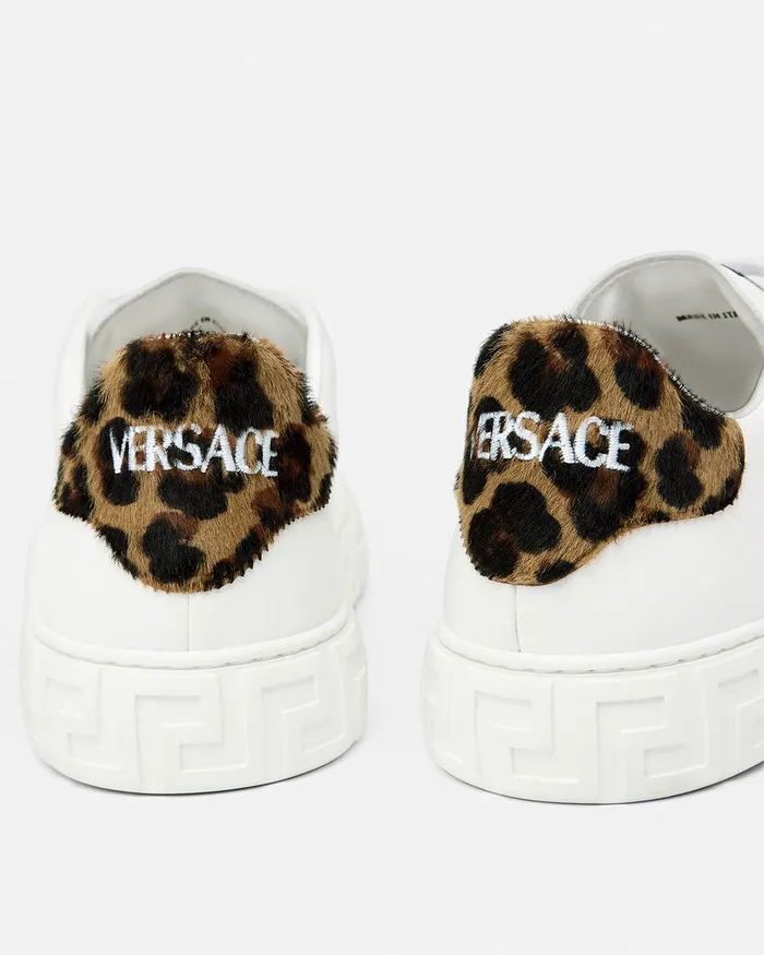 Sneakers Women Versace Leopard Embroidered Greca Sneakers White