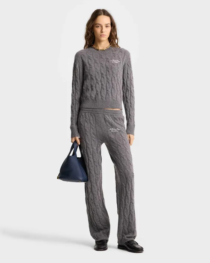 Sporty and Rich Knitwear Women Faubourg Cableknit Wool Cashmere Pants 8211 Dark GrayWhite