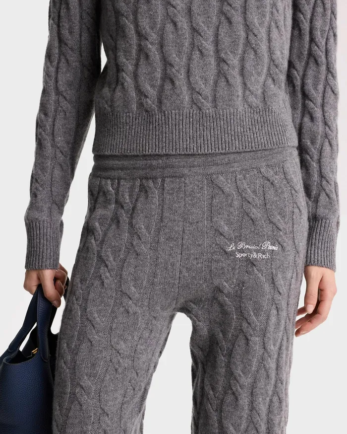 Sporty and Rich Knitwear Women Faubourg Cableknit Wool Cashmere Pants 8211 Dark GrayWhite