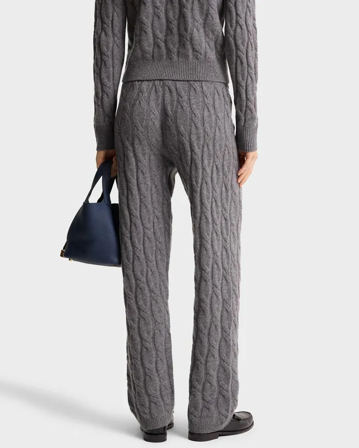 Sporty and Rich Knitwear Women Faubourg Cableknit Wool Cashmere Pants 8211 Dark GrayWhite
