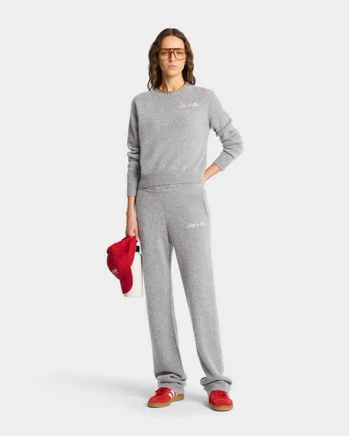 Sporty and Rich Knitwear Women Vendome Script Cashmere Trousers 8211 Heather GrayWhite