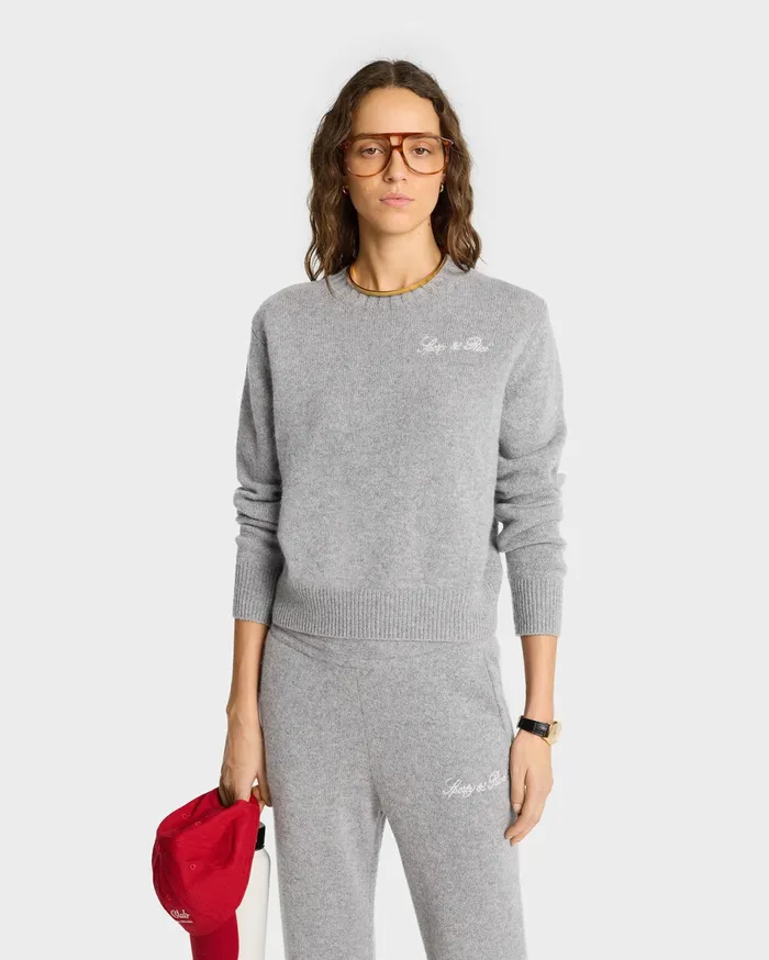 Sporty and Rich Knitwear Women Vendome Script Cashmere Trousers 8211 Heather GrayWhite