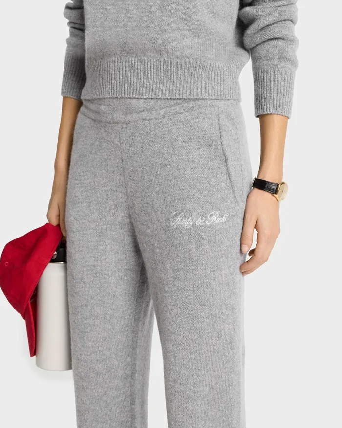 Sporty and Rich Knitwear Women Vendome Script Cashmere Trousers 8211 Heather GrayWhite
