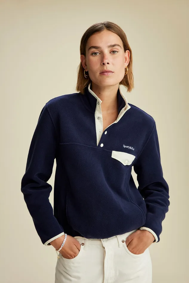 Sporty and Rich Polar Fleece And Sherpa Women Buttoned Polar Sweatshirt 8211 NavyCream