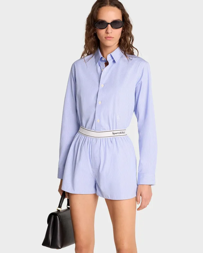 Sporty and Rich Shirting Women Serif Logo Boxer Short 8211 BlueWhite Striped