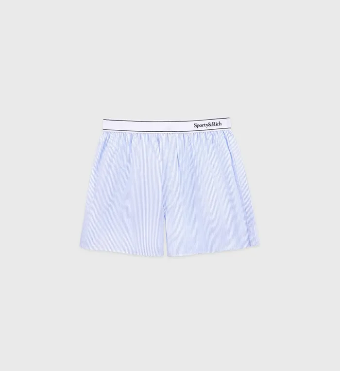 Sporty and Rich Shirting Women Serif Logo Boxer Shorts 8211 WhiteLight Blue Striped Sporty and Rich Shirting Women Serif Logo Boxer Shorts 8211 WhiteLight Blue Striped