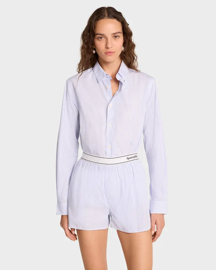 Sporty and Rich Shirting Women Serif Logo Boxer Shorts 8211 WhiteLight Blue Striped