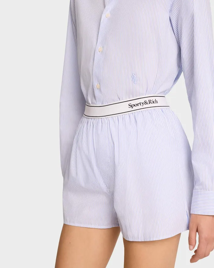 Sporty and Rich Shirting Women Serif Logo Boxer Shorts 8211 WhiteLight Blue Striped