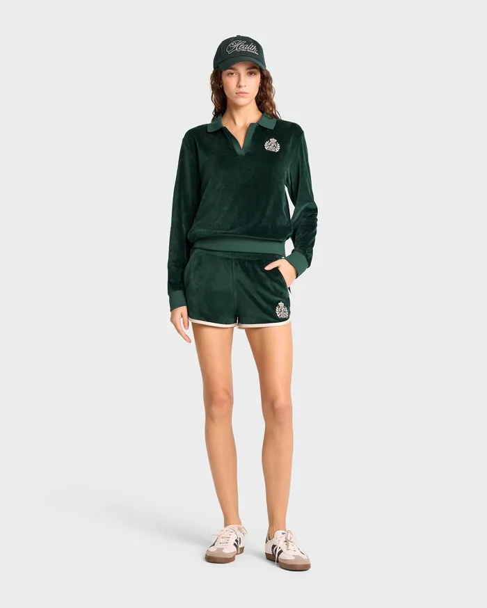 Sporty and Rich Shorts Women NY Crest Velour Short 8211 ForestCream