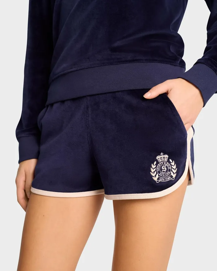 Sporty and Rich Shorts Women NY Crest Velour Short 8211 NavyCream