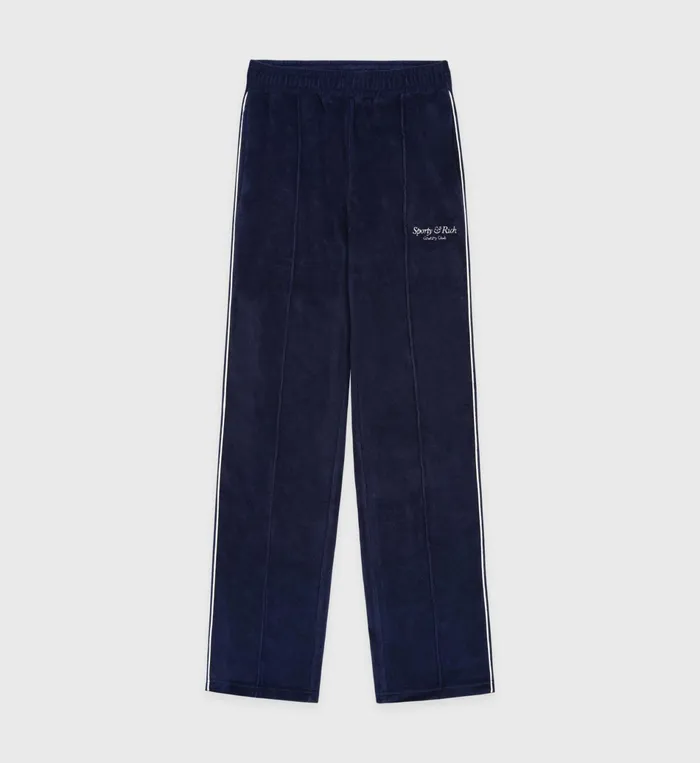 Sporty and Rich Sweatpants Women Script Velour Track Pants 8211 NavyCream