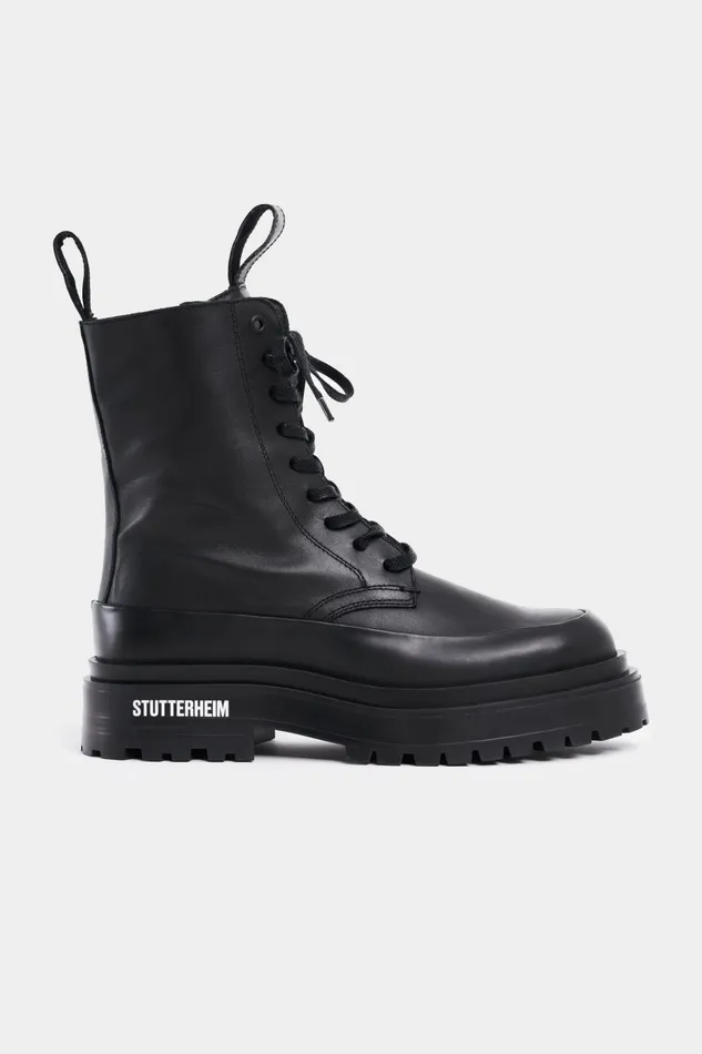 Stutterheim Peace Walker Leather Black Women Lace Up Boots
