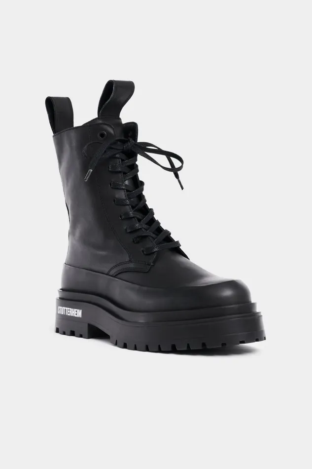 Stutterheim Peace Walker Leather Black Women Lace Up Boots
