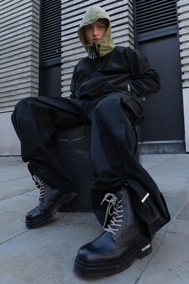 Stutterheim Peace Walker Leather Black Women Lace Up Boots