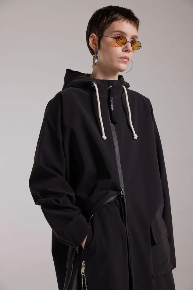 Stutterheim Sandviken Long Zip Matte Raincoat Black Women Long Raincoats