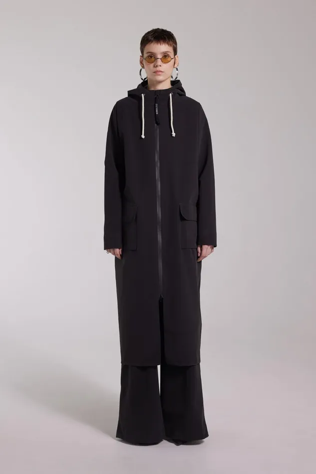 Stutterheim Sandviken Long Zip Matte Raincoat Black Women Long Raincoats