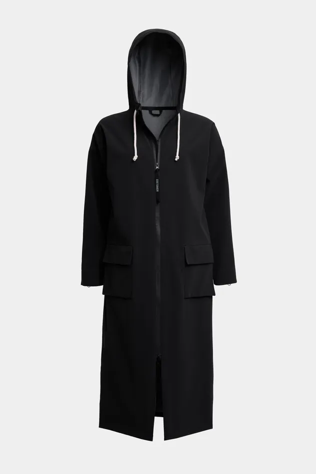 Stutterheim Sandviken Long Zip Matte Raincoat Black Women Long Raincoats