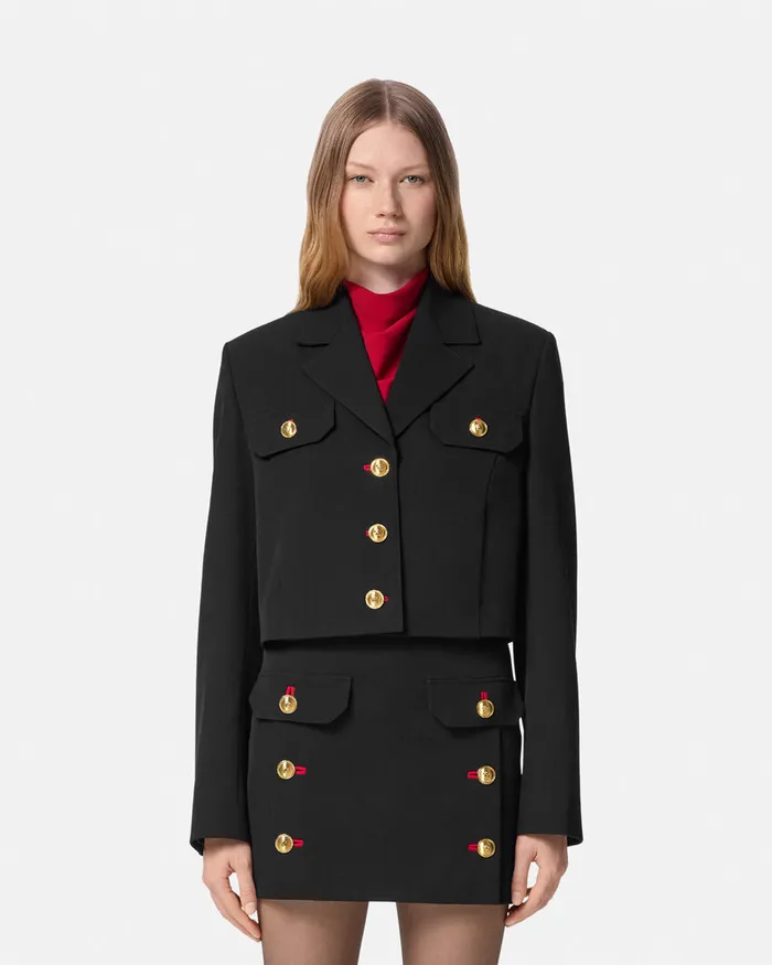 Suits Women Versace Wool Gabardine Uniform Crop Jacket Black