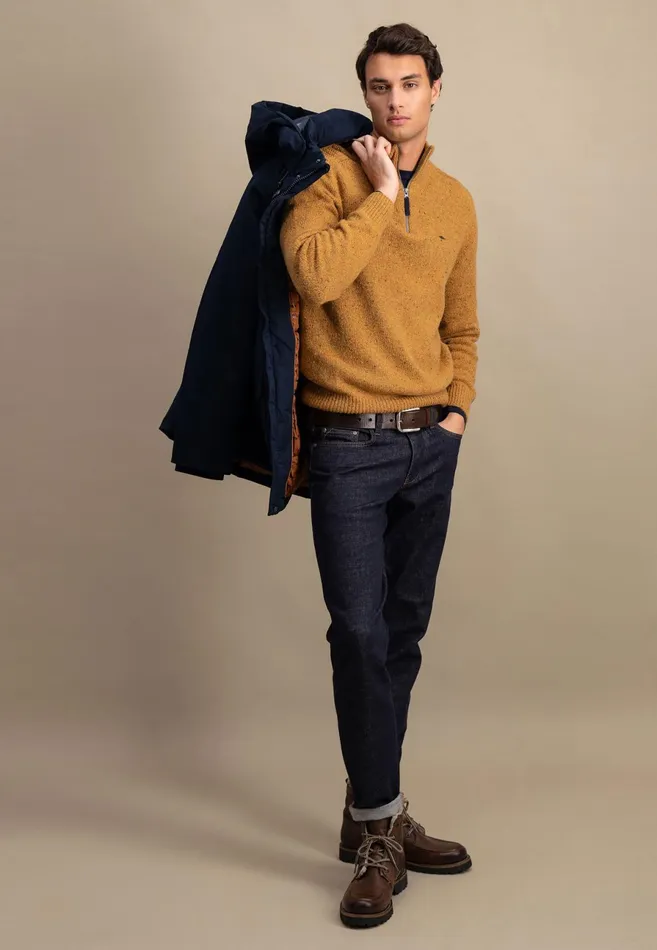 Sweater Men FYNCHHATTON Donegal Knitting Sweaters With Troyer Collar Steelwinter Whitenavynew Dijonflamecloud Blue