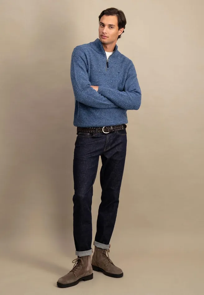 Sweater Men FYNCHHATTON Donegal Knitting Sweaters With Troyer Collar Steelwinter Whitenavynew Dijonflamecloud Blue