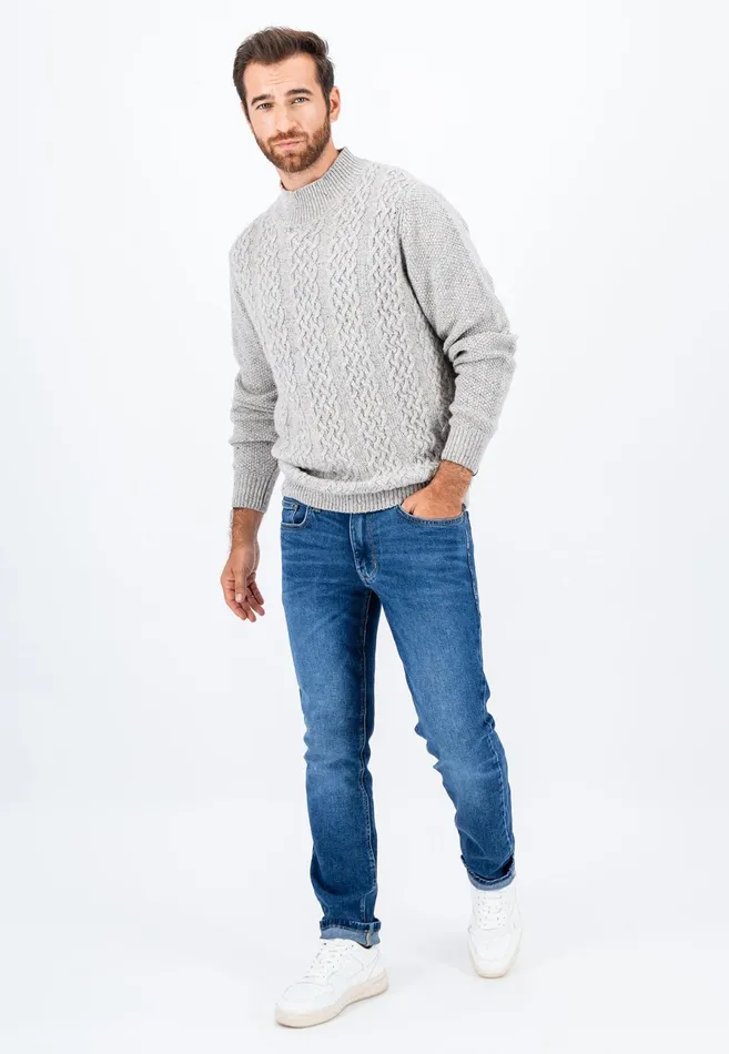 Sweater Men FYNCHHATTON Wollmix Sweater With A Braid Pattern Winter Whitecloud Blue