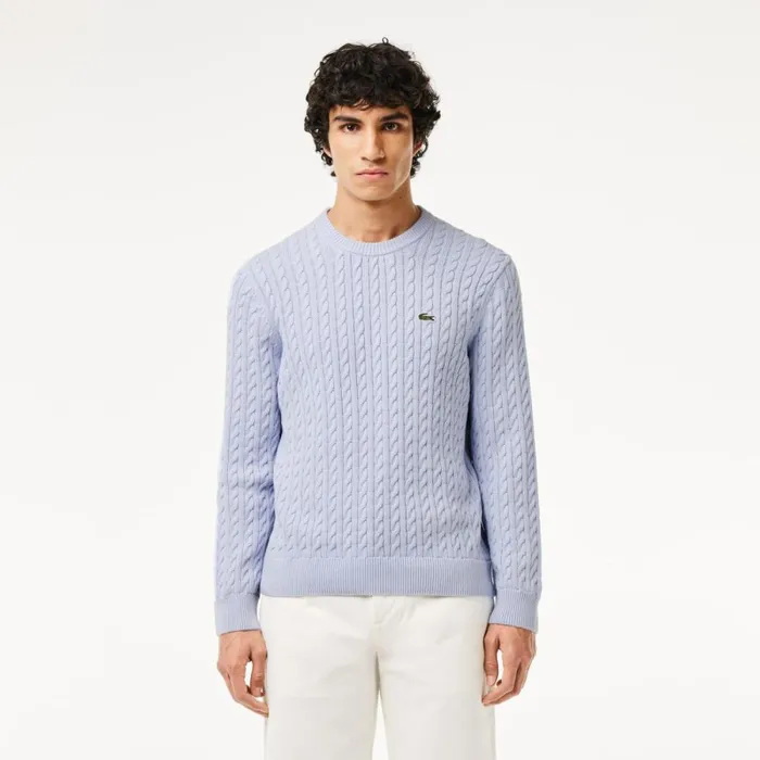 Sweaters and Sweatshirts Men Lacoste Men039s Cable Knit Cotton Sweater Light Blue Bordeaux It6