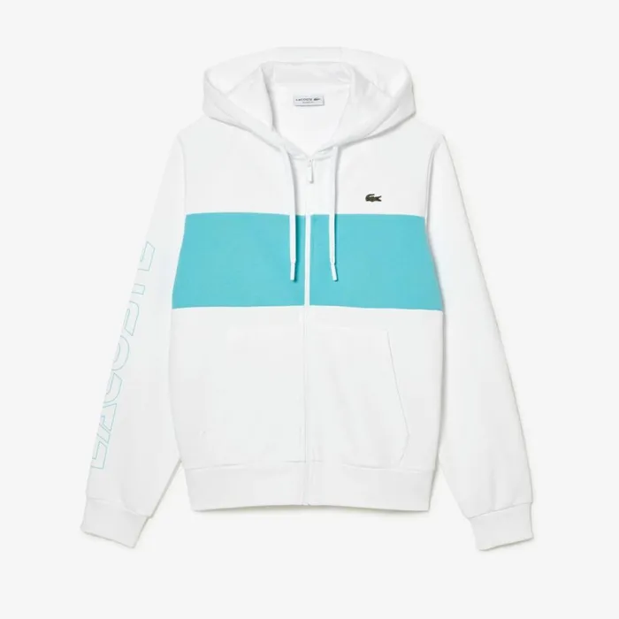 Sweaters and Sweatshirts Men Lacoste Men039s Colorblock ZipUp Hoodie White Blue Ri6