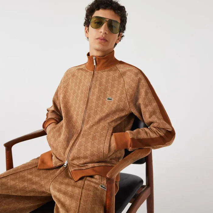 Sweaters and Sweatshirts Men Lacoste Men039s Regular Fit Monogram ZipUp Sweatshirt Beige Brown Zwm