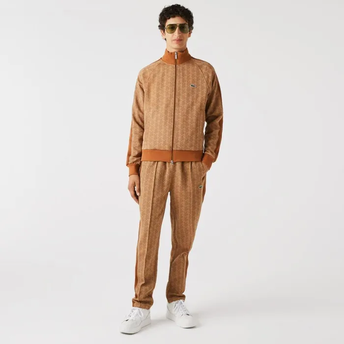 Sweaters and Sweatshirts Men Lacoste Men039s Regular Fit Monogram ZipUp Sweatshirt Beige Brown Zwm