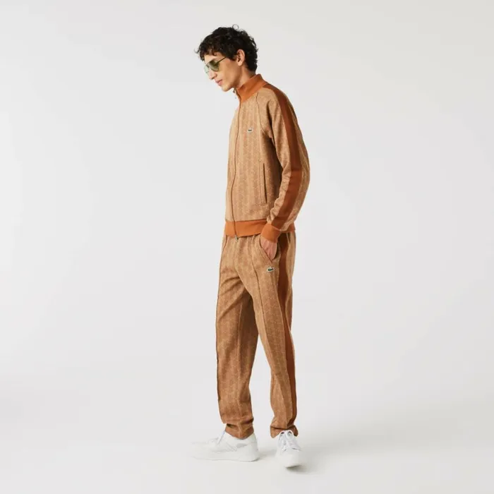Sweaters and Sweatshirts Men Lacoste Men039s Regular Fit Monogram ZipUp Sweatshirt Beige Brown Zwm
